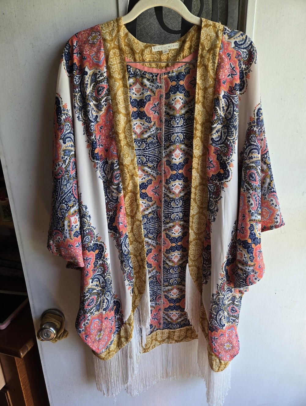 Hint Of Mint Boho Floral Fringe Kimono Jacket - Coral, Navy & Gold